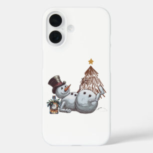 Betrunkener Schneemann mit einer Flasche Whiskey. iPhone 16 Hülle