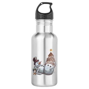 Betrunkener Schneemann mit einer Flasche Whiskey. Edelstahlflasche