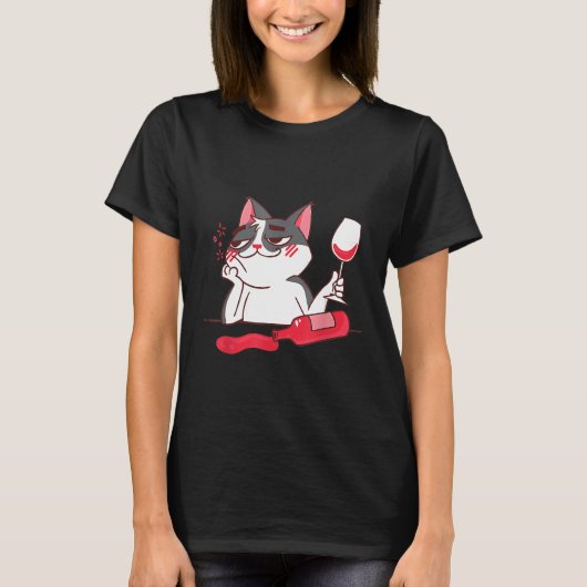 Betrunkenes Katzen Trinkwein T-Shirt (Vorderseite)