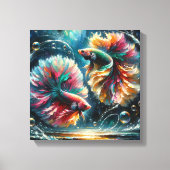 Betta Fish Dance im Tiefen Blauen Ozean Blasen Leinwanddruck (Vorderseite)