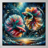 Betta Fish Dance im Tiefen Blauen Ozean Blasen Poster (Vorne)