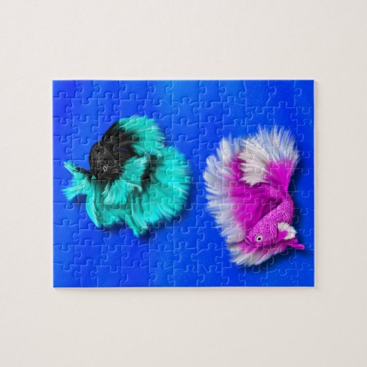 Betta Fish Duo, schwarz & aquamarin, weiß und rosa Puzzle (Horizontal)