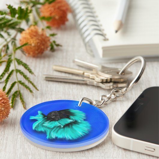 Betta Fish Duo, schwarz & aquamarin, weiß und rosa Schlüsselanhänger (Vorderseite rechts)