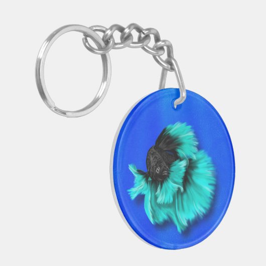 Betta Fish Duo, schwarz & aquamarin, weiß und rosa Schlüsselanhänger (Vorderseite links)