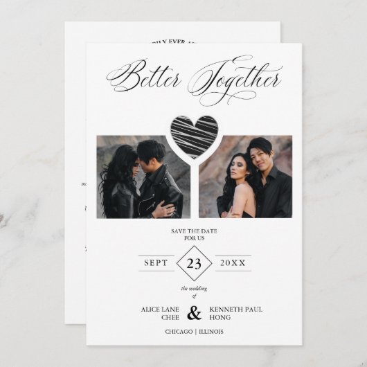 Better Together Quote Black Grey Heart 2 Photos Save The Date (Vorne/Hinten)