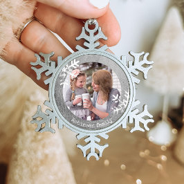 Beunruhigte Schneeflocken Silver Foto Monogram Schneeflocken Zinn-Ornament
