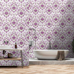 Beutel Grün und Lila Damask Blumenschliff und Stab Tapete