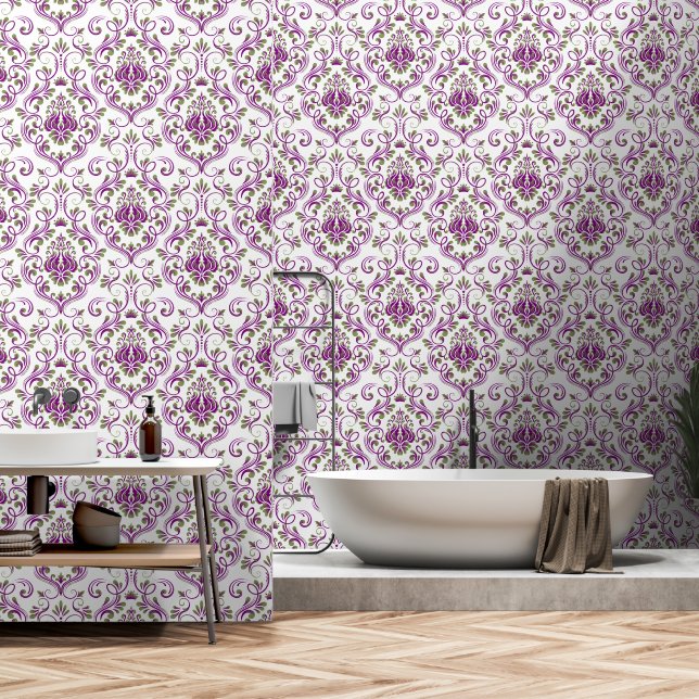 Beutel Grün und Lila Damask Blumenschliff und Stab Tapete (Badezimmer)