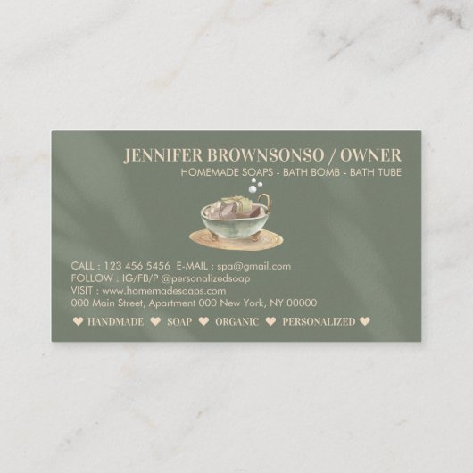 Beutel mit grünem Badewanne Sojasaube Visitenkarte (Rückseite)