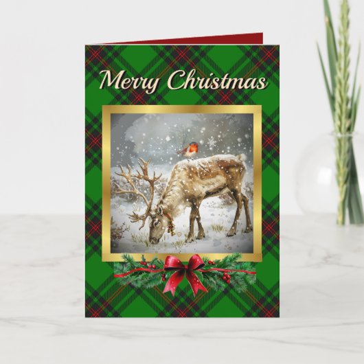 Beveridge Stag & Robin Tartan Personalisiert Feiertagskarte (Vorderseite)