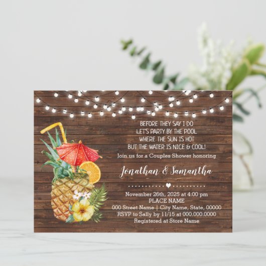 Bevor ich Party am Pool tropische Hochzeit Einladung (Stehend Vorderseite)