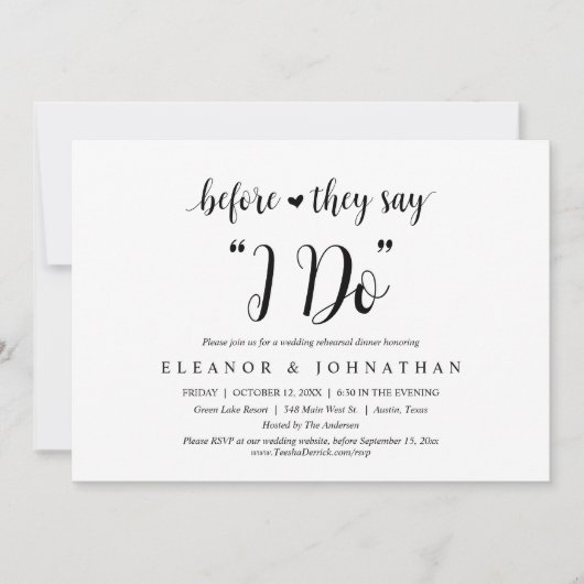 Bevor sie "Ich tue" sagen, Hochzeit Probe Abendess Einladung (Vorderseite)