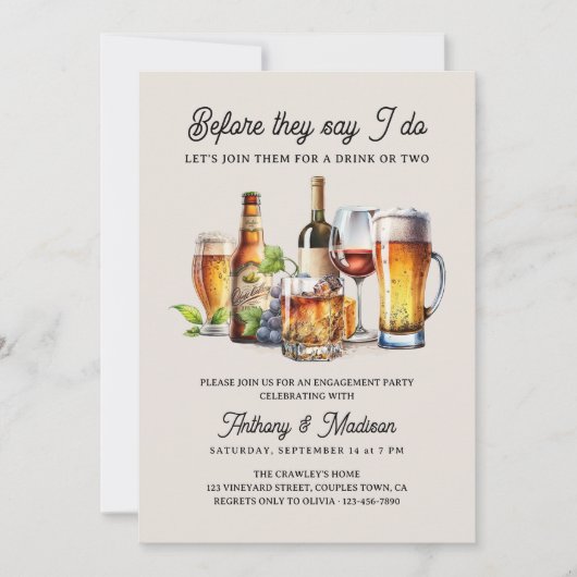 Bevor sie sagen, ich bete Wein Whiskey Verlobung Einladung (Vorderseite)