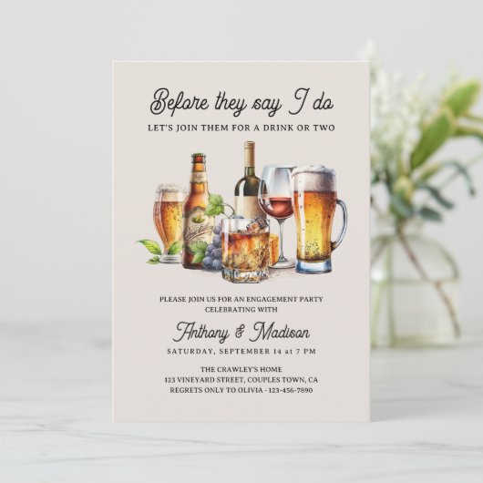 Bevor sie sagen, ich bete Wein Whiskey Verlobung Einladung (Stehend Vorderseite)