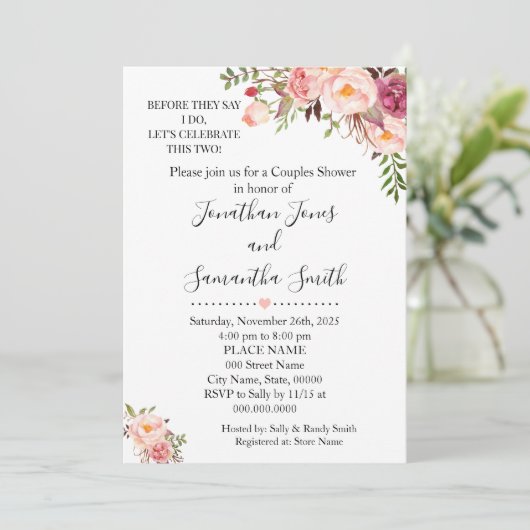 Bevor sie sagen, ich dusche Paare rosa Hochzeit Einladung (Stehend Vorderseite)