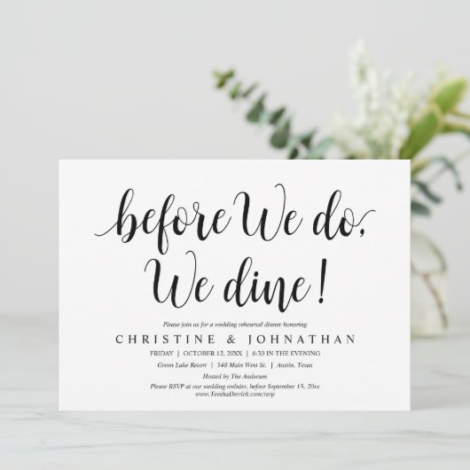 Bevor wir das tun, essen wir, Hochzeit Probe Abend Einladung (Stehend Vorderseite)