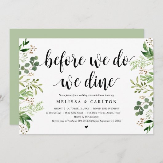 Bevor wir es tun, essen wir, grün, Probe zu Abend Einladung (Vorne/Hinten)