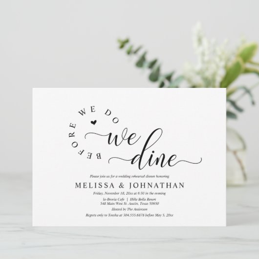 Bevor wir es tun, essen wir, Hochzeit Probe Abende Einladung (Stehend Vorderseite)