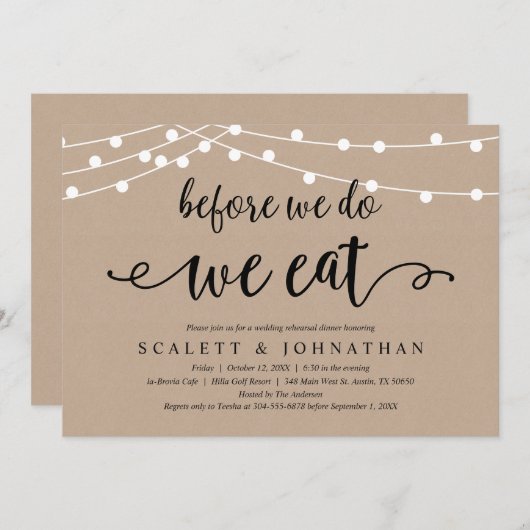 Bevor wir es tun, essen wir rustikale Probe Abende Einladung (Vorne/Hinten)