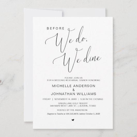 Bevor wir essen, essen wir Hochzeit Probe Dinner Einladung (Vorderseite)