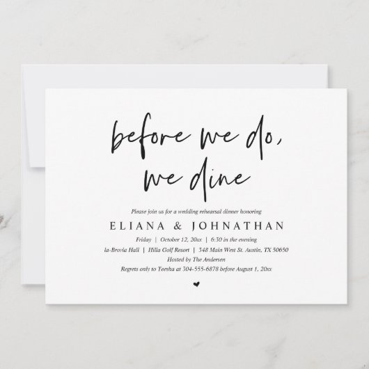 Bevor wir essen, essen wir Hochzeit Probe Dinner Einladung (Vorderseite)
