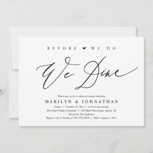 Bevor wir essen, essen wir Hochzeit Probe Dinner Einladung (Vorderseite)