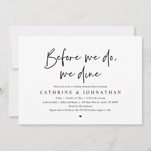 Bevor wir essen, essen wir Hochzeit Probe Dinner Einladung (Vorderseite)