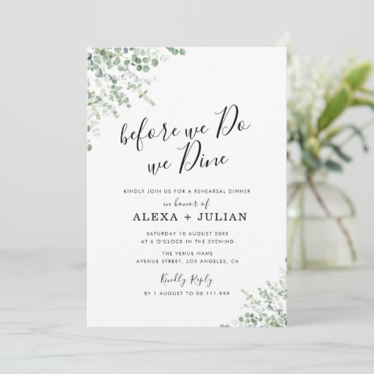 bevor wir Eukalyptus grün Probe Abendessen Einladung (Stehend Vorderseite)
