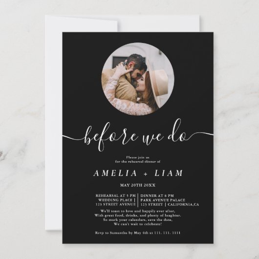 Bevor wir Foto Schwarz Probe Abendessen Einladung (Vorderseite)