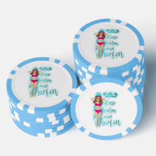 Bewahre Ruhe und surfe auf der braunhaarigen Mädch Pokerchips
