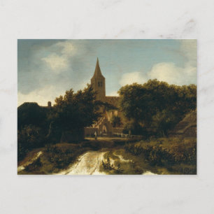 Bewaldete Landschaft mit Figuren in der Nähe einer Postkarte