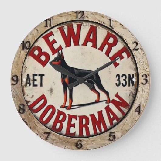 Beware Doberman Pinscher Dog  Große Wanduhr (Vorderseite)