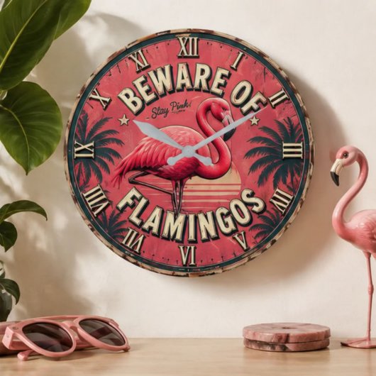 Beware of Flamingos Große Wanduhr