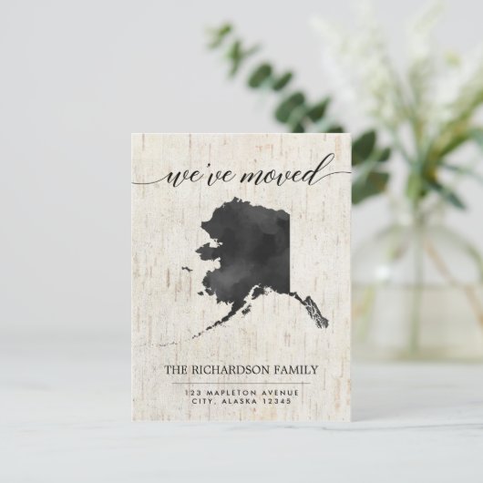 Bewegende Ankündigung, Alaska Staat rustikal Einladungspostkarte (Stehend Vorderseite)