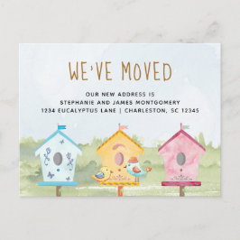 Bewegung von niedlichen Vogelhäusern Ankündigungspostkarte