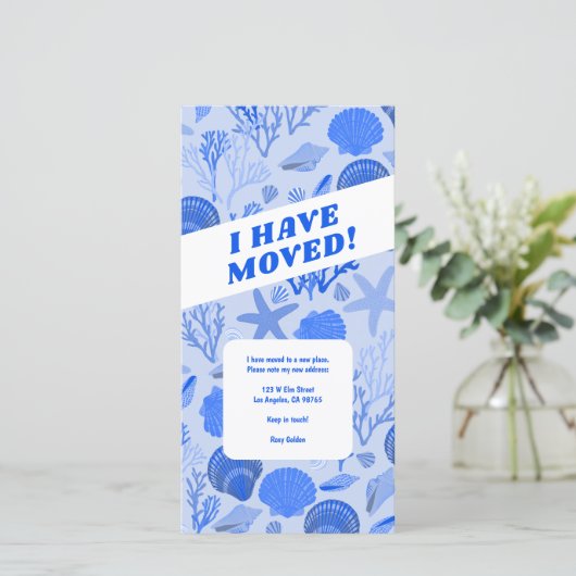 BEWEGUNGSANKÜNDIGUNG Blue Seashells Beach Tree Fre Save The Date (Stehend Vorderseite)