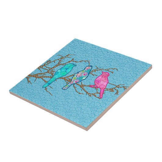 Bewerten Sie Vögel auf einer Zweigstelle, Sky Blue Fliese (Seite)