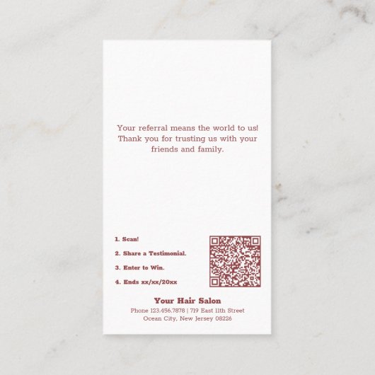 Bewertung der Anrufung eines Zweithaarsalons Visitenkarte (Rückseite)