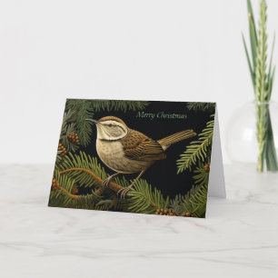 Bewick's wren auf TannenzweigenFalte Weihnachtskar Dankeskarte