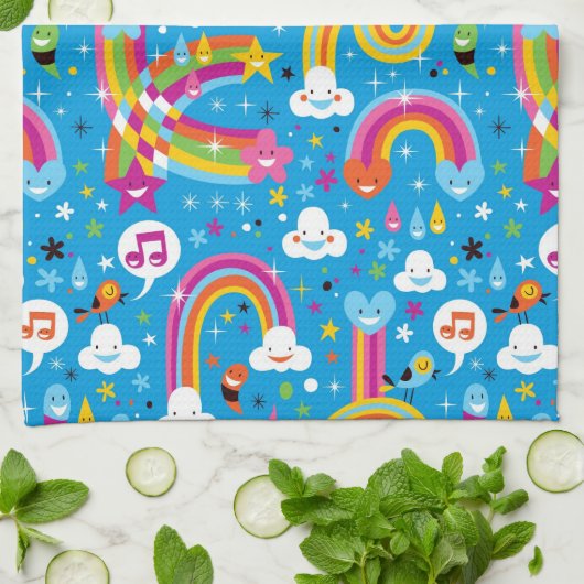 bewölkt Regenbogenregentropfen-Herzmuster Geschirrtuch (Gefaltet)