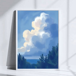 Bewölkter Himmel Blaue Wald-Wasserfarbenmalerei Poster