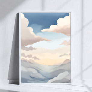 Bewölkter Himmel   Wasserfarbe Himmelblaue Wolken Poster