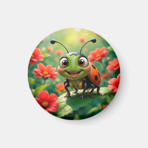 Bewundernswerter Cartoon Ladybug auf einem Blatt Magnet