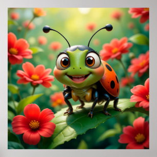 Bewundernswerter Cartoon Ladybug auf einem Blatt Poster