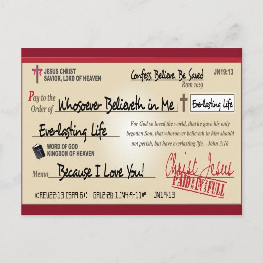 Bezahlung in vollem Rett durch Jesus Karo Christli Postkarte (Vorderseite)