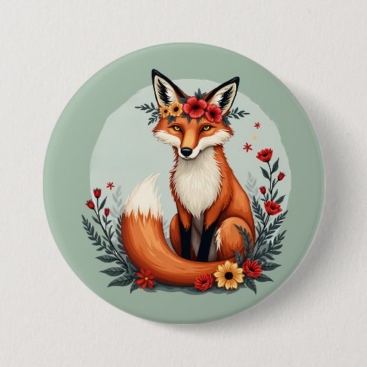 Bezaubernd Blumenfox Holzlandschaft Kunst Button (Vorderseite)