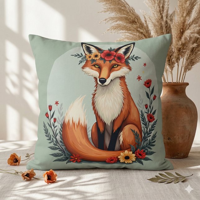 Bezaubernd Blumenfox Holzlandschaft Kunst Kissen (Enchanting Floral Fox Woodland Folk Art Throw Pillow Mockup A)