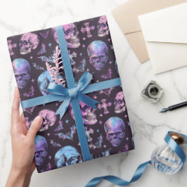 Bezaubernd Lila Skulls Bats & Crosses Geschenkpapier