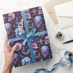 Bezaubernd Lila Skulls Bats & Crosses Geschenkpapier
