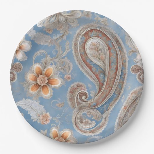 Bezaubernd Paisley Peach and Blue Pappteller (Vorderseite)